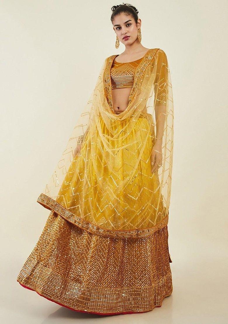 Yellow Thread Embroidery Silk Lehenga Choli Set - Indya