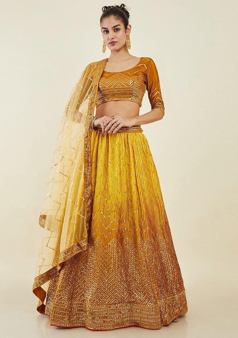 Yellow Thread Embroidery Silk Lehenga Choli Set - Indya
