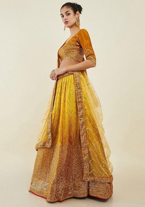 Yellow Thread Embroidery Silk Lehenga Choli Set