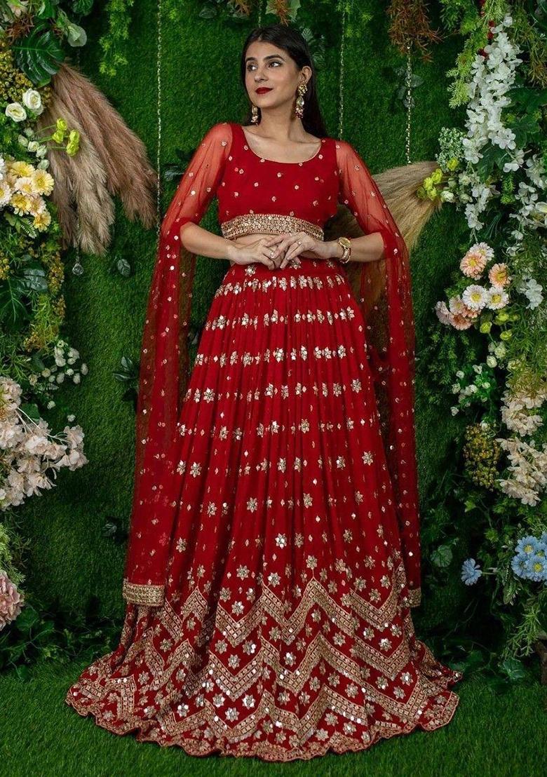 Red Thread Embroidery Georgette Lehenga Choli Set