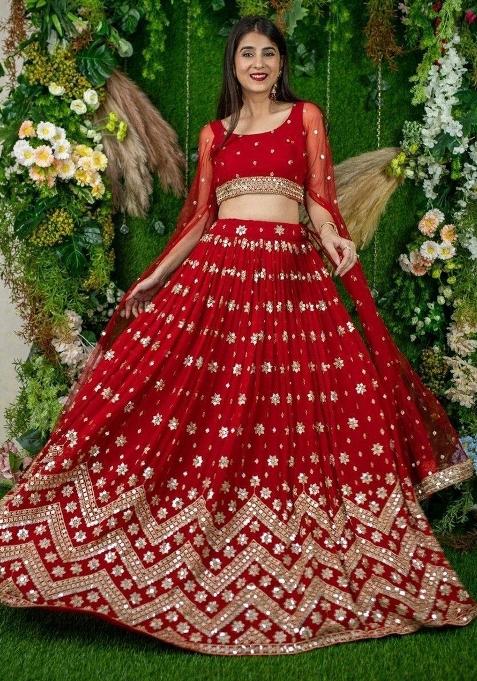 Red Thread Embroidery Georgette Lehenga Choli Set