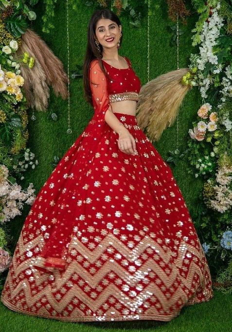 Red Thread Embroidery Georgette Lehenga Choli Set