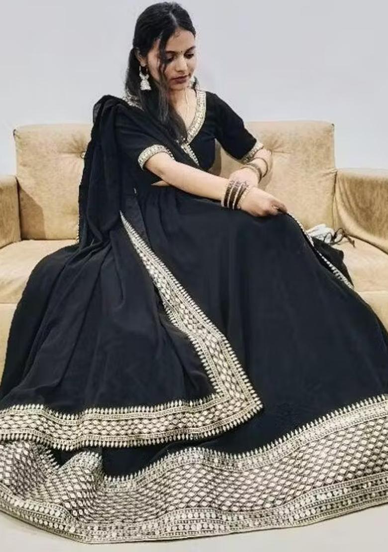 Black Thread Embroidery Georgette Lehenga Choli Set - Indya