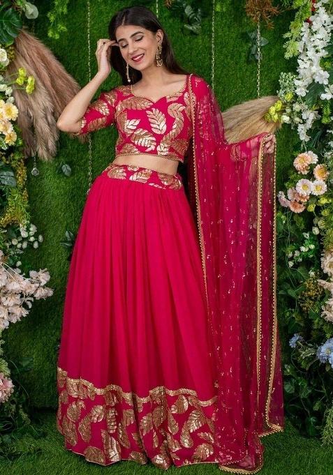 Pink Thread Embroidery Georgette Lehenga Choli Set