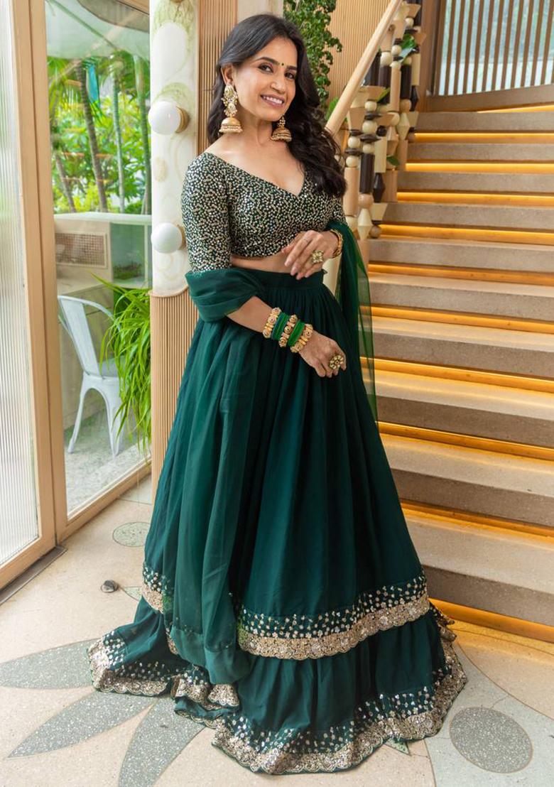 Green Thread Embroidery Georgette Lehenga Choli Set - Indya