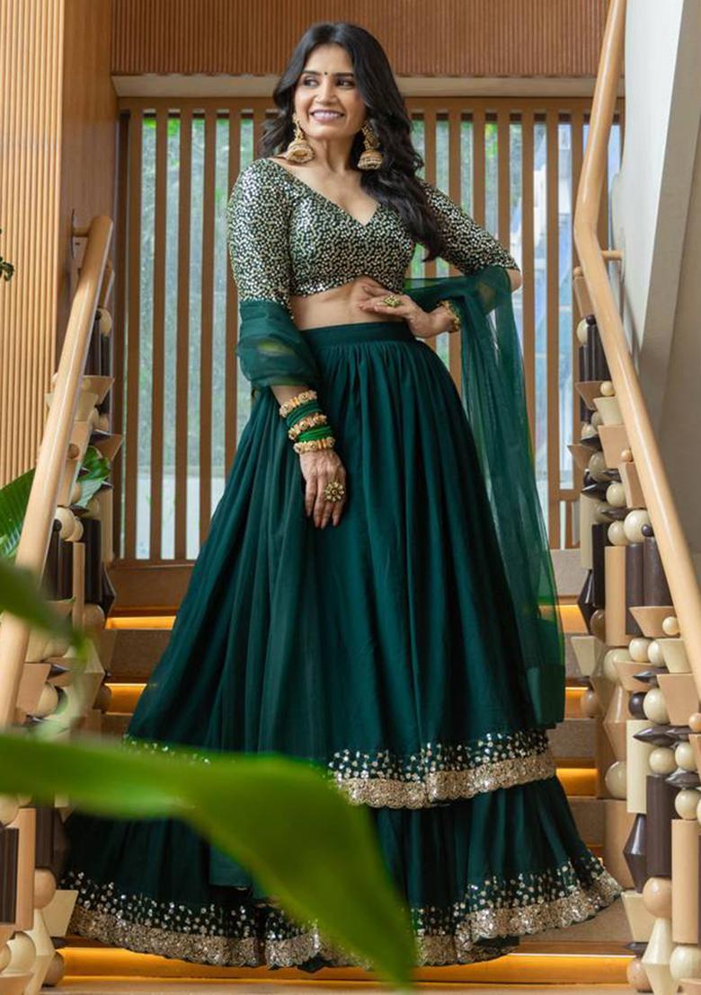 Green Thread Embroidery Georgette Lehenga Choli Set