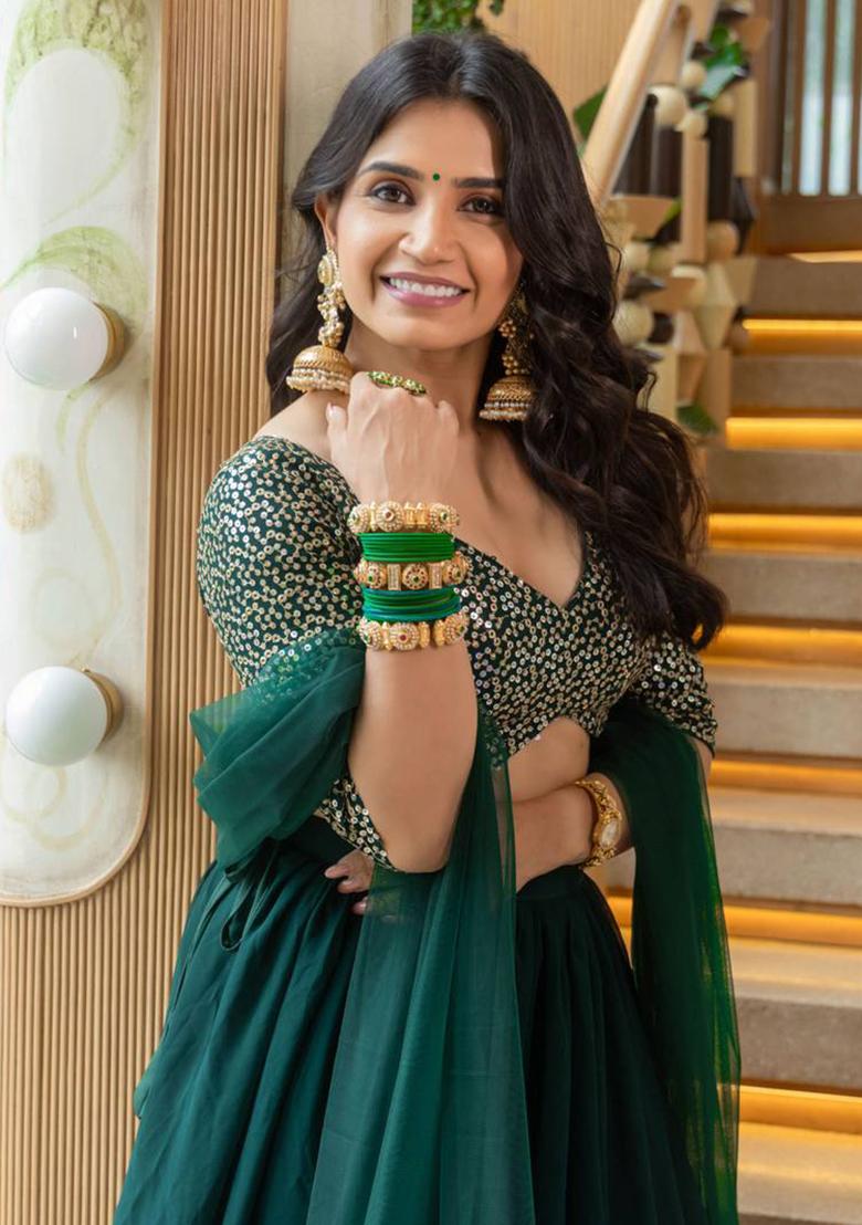 Green Thread Embroidery Georgette Lehenga Choli Set - Indya