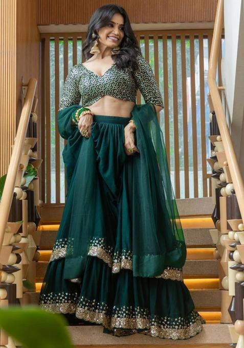 Green Thread Embroidery Georgette Lehenga Choli Set