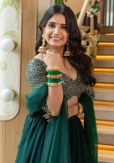 Green Thread Embroidery Georgette Lehenga Choli Set