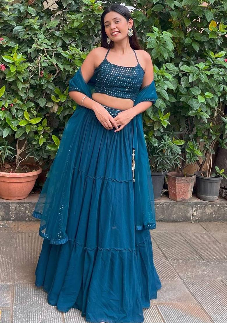 Blue Thread Embroidery Georgette Lehenga Choli Set