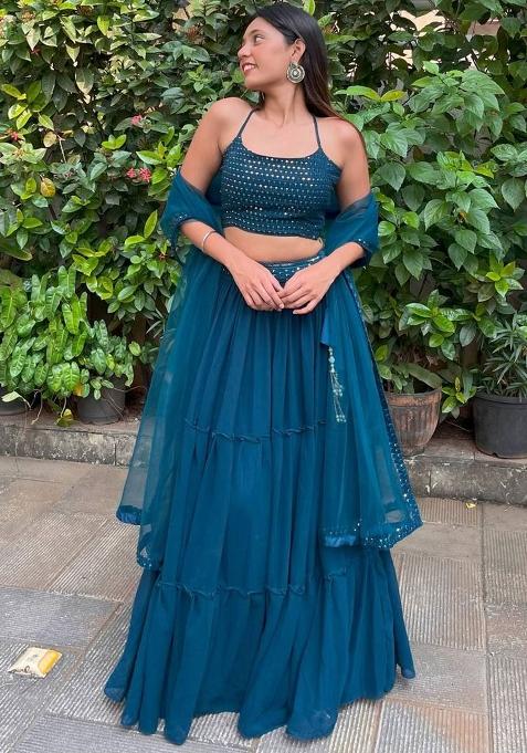 Blue Thread Embroidery Georgette Lehenga Choli Set