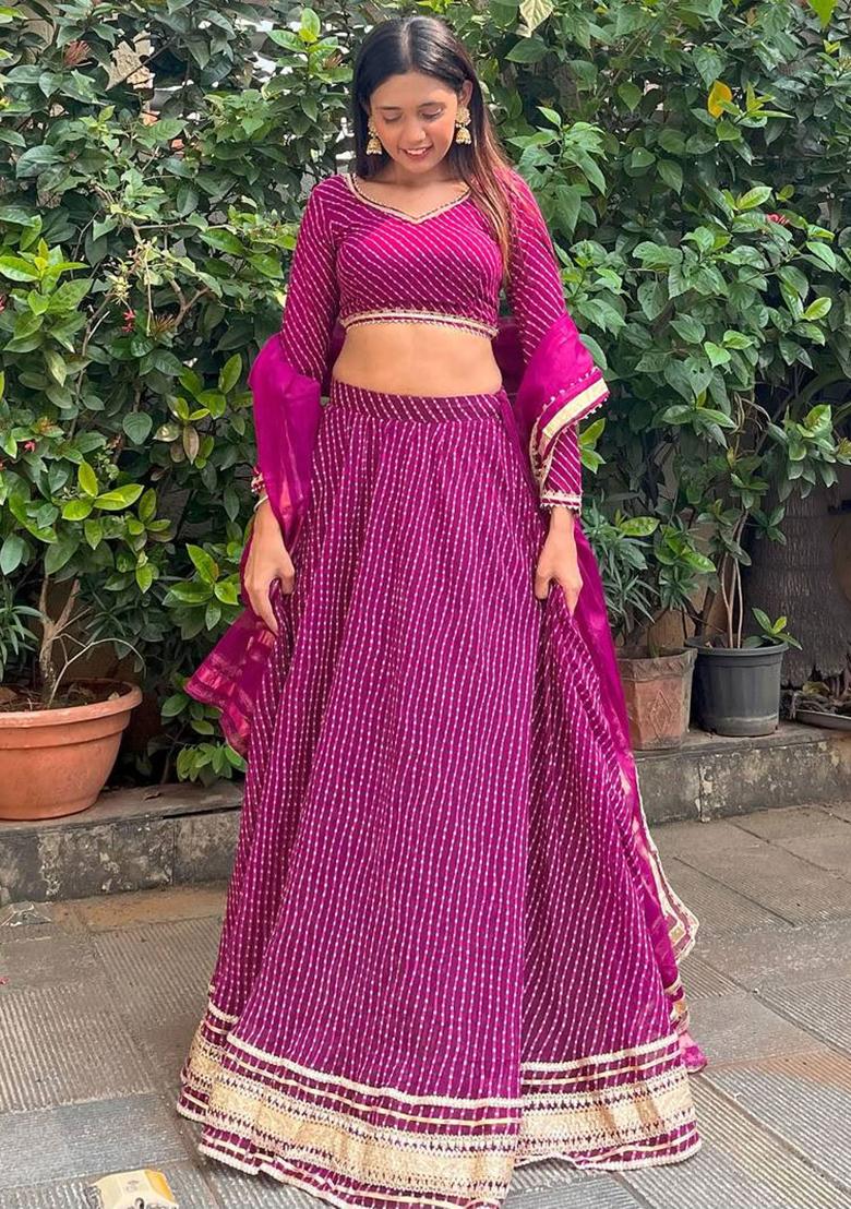 Purple Thread Embroidery Georgette Lehenga Choli Set - Indya