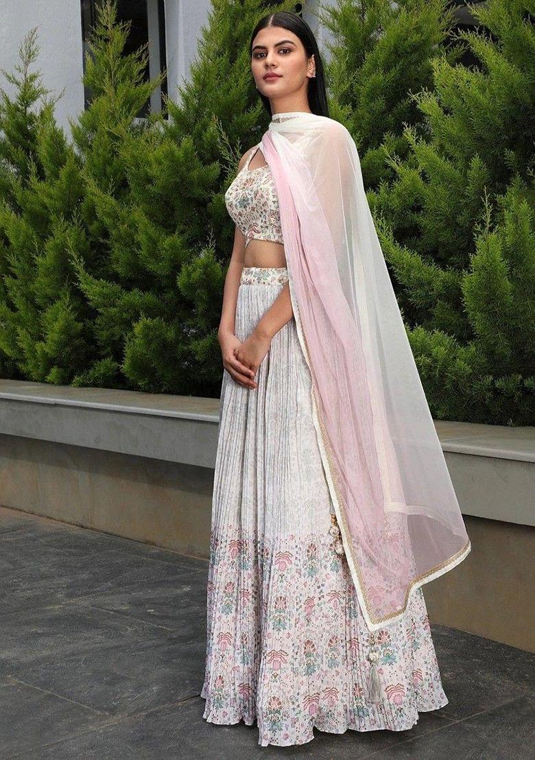 White Thread Embroidery Georgette Lehenga Choli Set - Indya