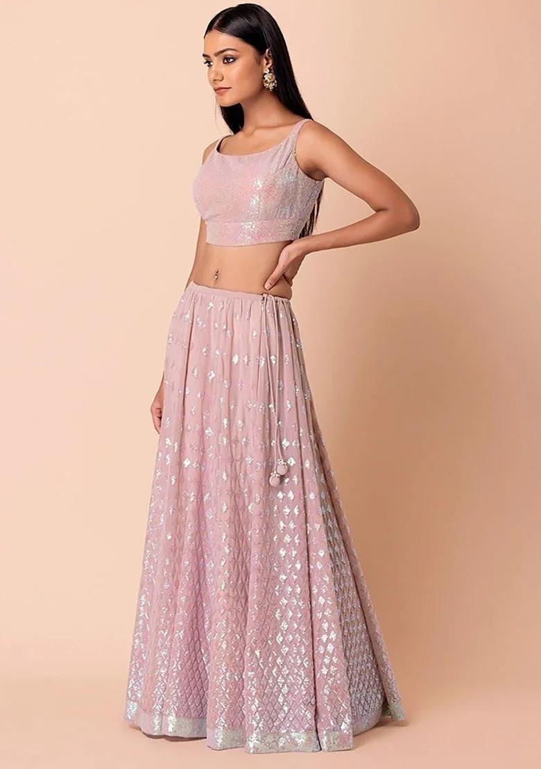 Pink Thread Embroidery Georgette Lehenga Choli Set - Indya
