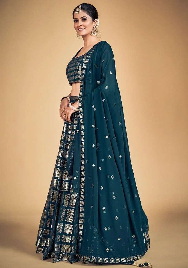 Blue Thread Embroidery Georgette Lehenga Choli Set - Indya
