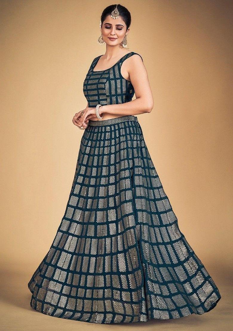 Blue Thread Embroidery Georgette Lehenga Choli Set - Indya