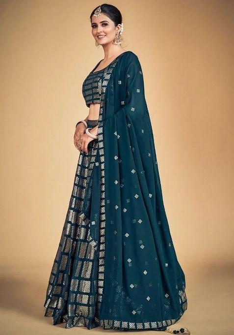 Blue Thread Embroidery Georgette Lehenga Choli Set