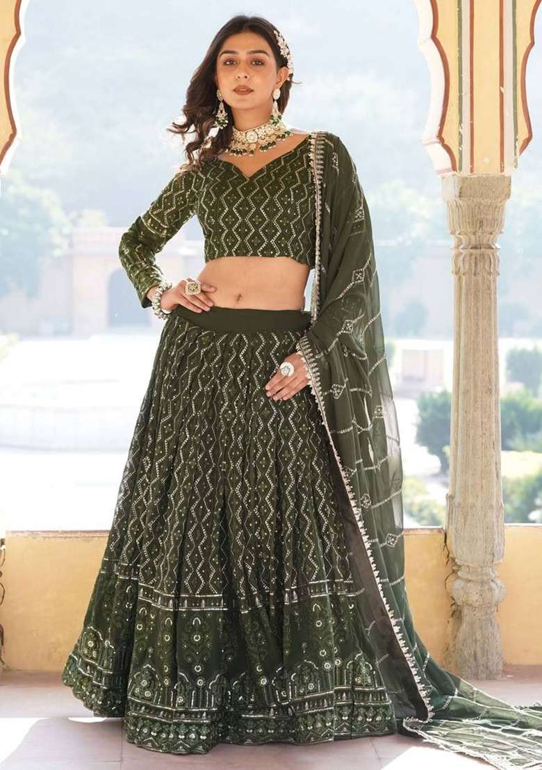 Navy Blue Thread Georgette Lehenga Choli Set with Embroidery for Diwali | Wedding & Festive Wear - Indya