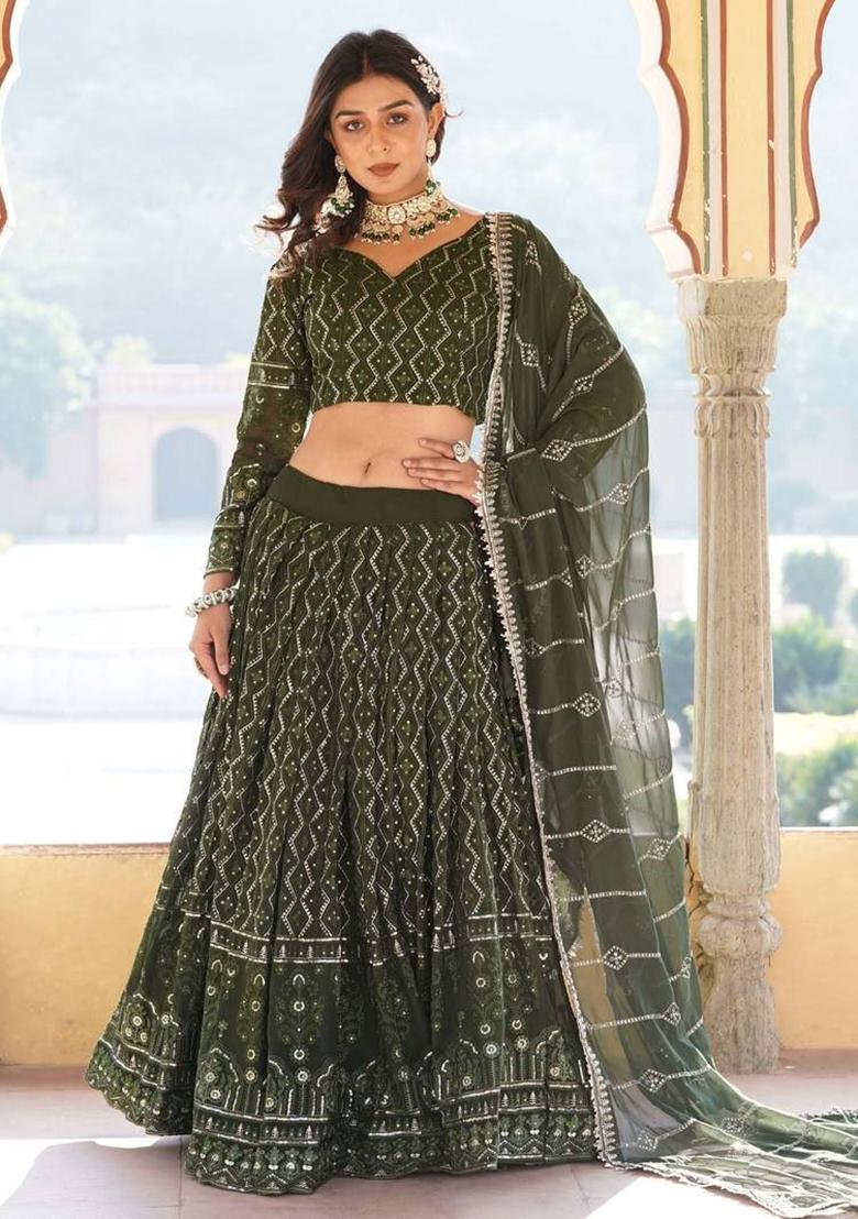 Navy Blue Thread Embroidery Georgette Lehenga Choli Set - Indya