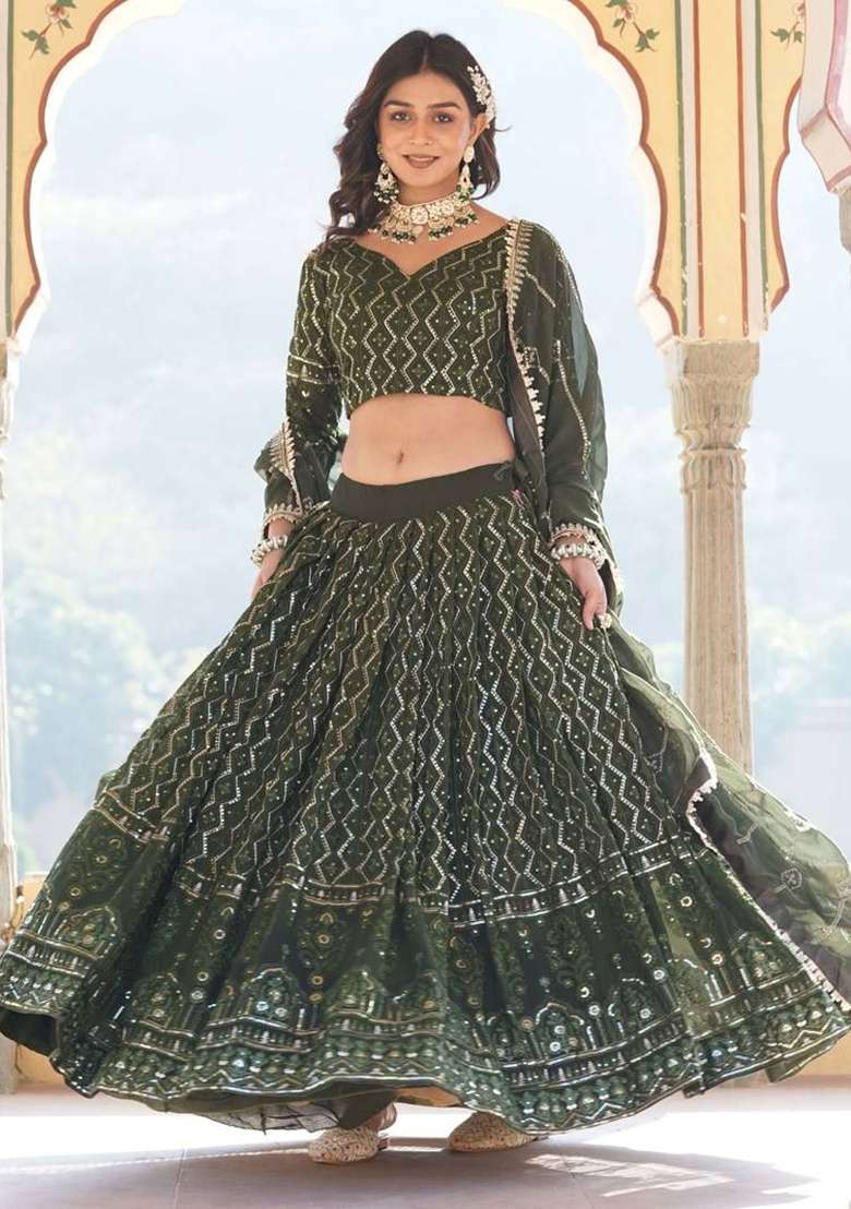 Navy Blue Thread Georgette Lehenga Choli Set with Embroidery for Diwali | Wedding & Festive Wear - Indya