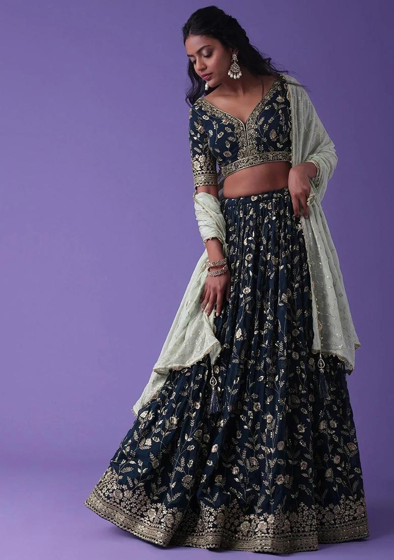 Blue Thread Embroidery Georgette Lehenga Choli Set - Indya