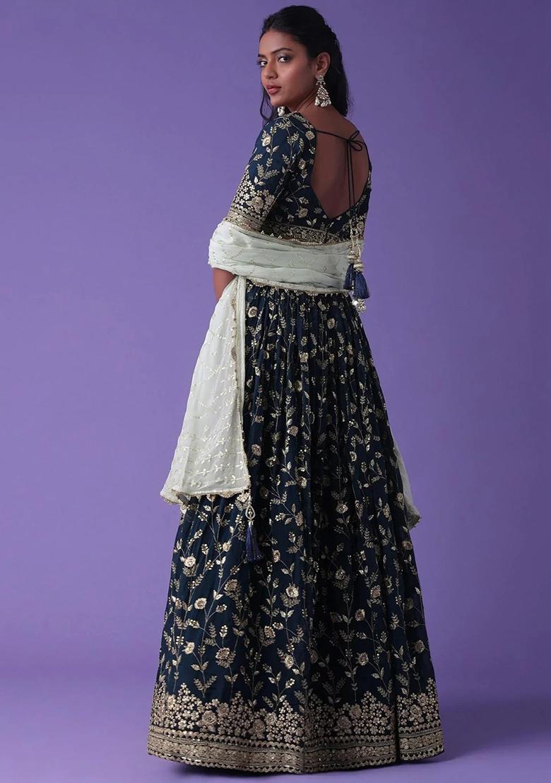 Blue Thread Embroidery Georgette Lehenga Choli Set