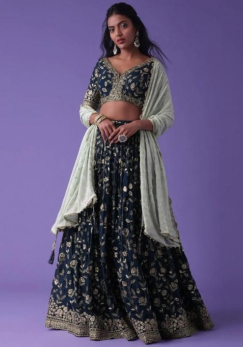 Blue Thread Embroidery Georgette Lehenga Choli Set