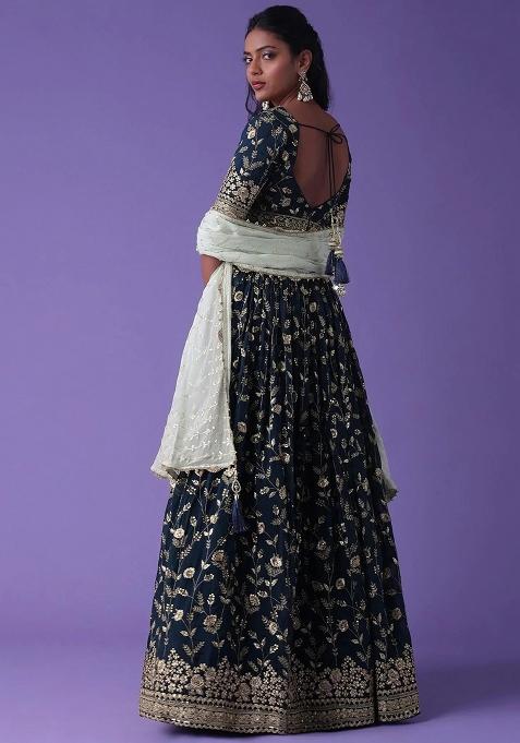 Blue Thread Embroidery Georgette Lehenga Choli Set