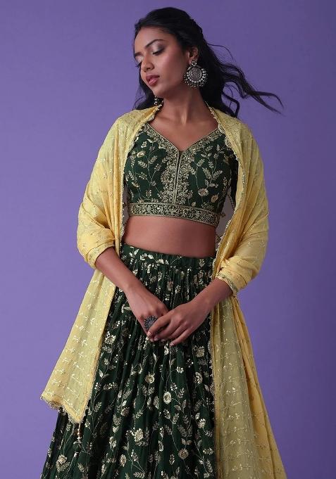 Green Thread Embroidery Georgette Lehenga Choli Set