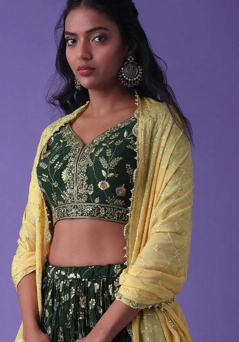 Green Thread Embroidery Georgette Lehenga Choli Set