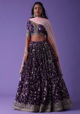 Purple Thread Embroidery Georgette Lehenga Choli Set