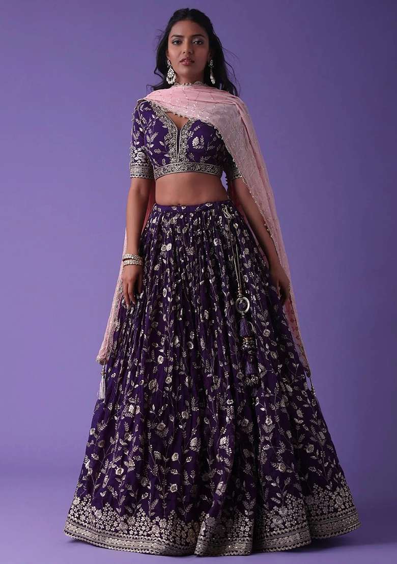 Purple Thread Embroidery Georgette Lehenga Choli Set for Diwali and Festive Wear - Indya