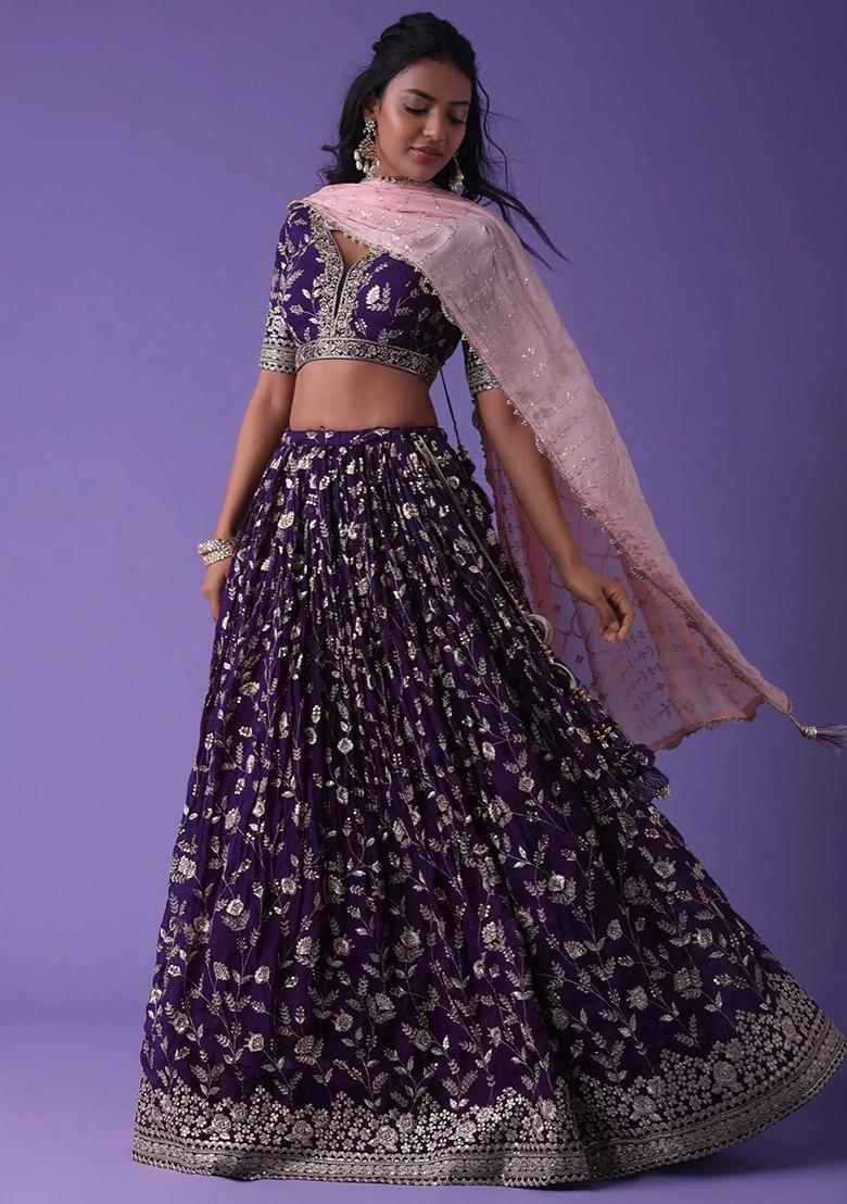 Purple Thread Embroidery Georgette Lehenga Choli Set - Indya