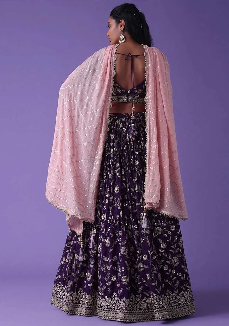Purple Thread Embroidery Georgette Lehenga Choli Set for Diwali and Festive Wear - Indya