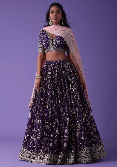 Purple Thread Embroidery Georgette Lehenga Choli Set