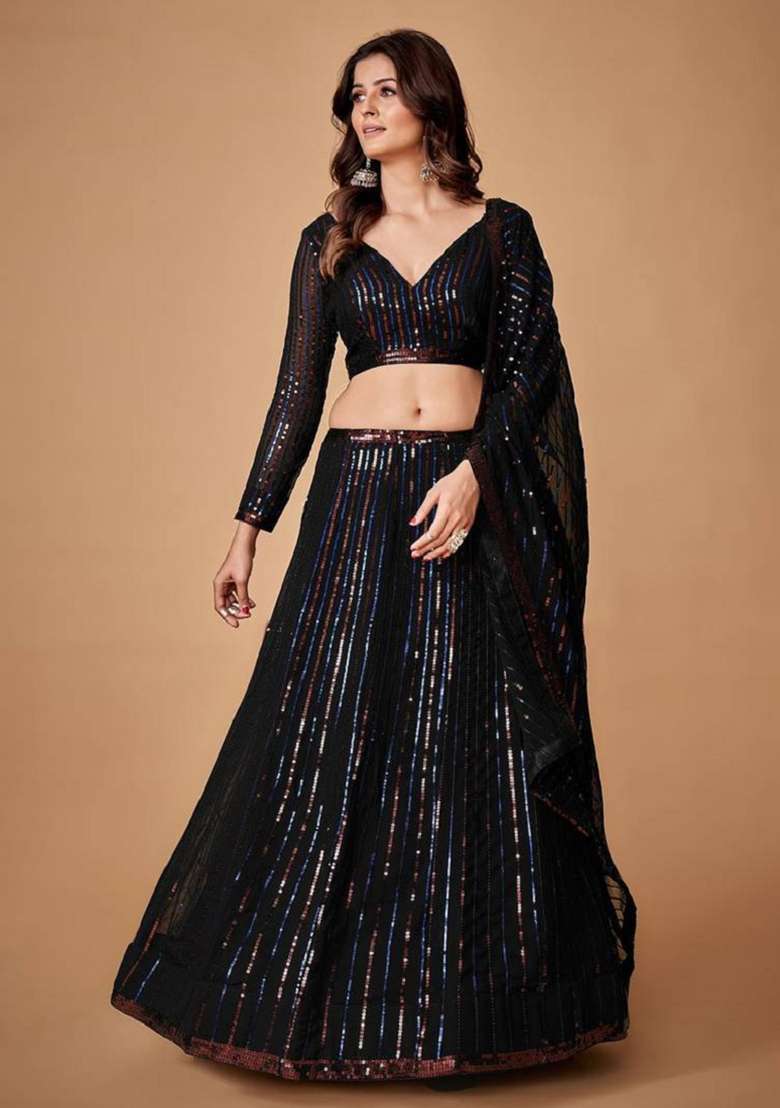 Black Thread Georgette Lehenga Choli Set with Embroidery for Diwali | Wedding & Festive Wear - Indya