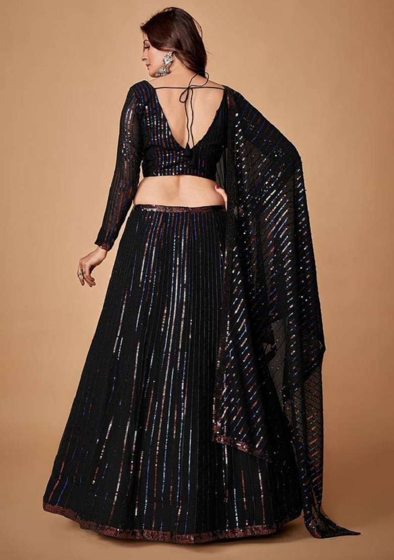Black Thread Georgette Lehenga Choli Set with Embroidery for Diwali | Wedding & Festive Wear - Indya