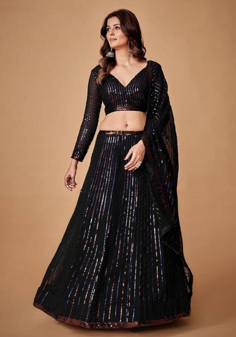 Black Thread Embroidery Georgette Lehenga Choli Set
