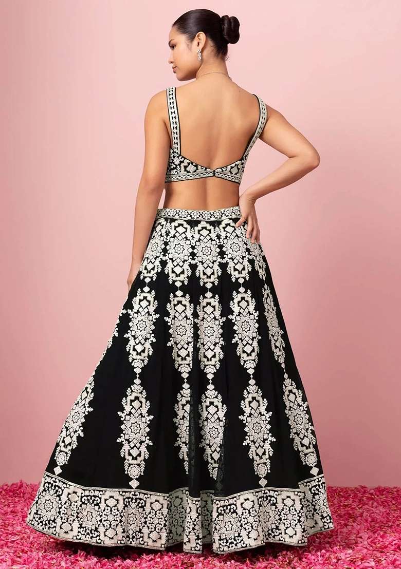 Black Thread Georgette Lehenga Choli Set with Embroidery for Diwali | Wedding & Festive Wear - Indya