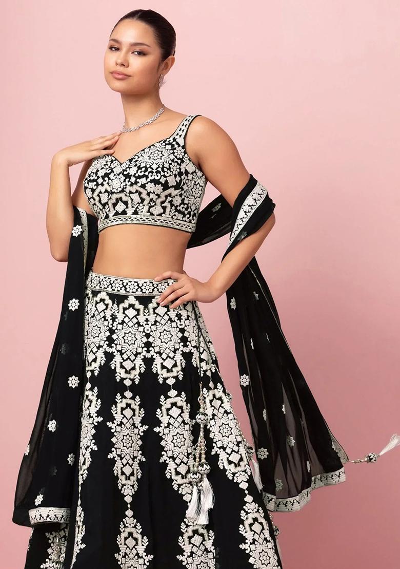 Black Thread Embroidery Georgette Lehenga Choli Set - Indya