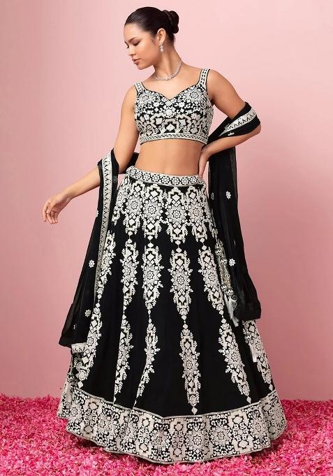 Black Thread Embroidery Georgette Lehenga Choli Set