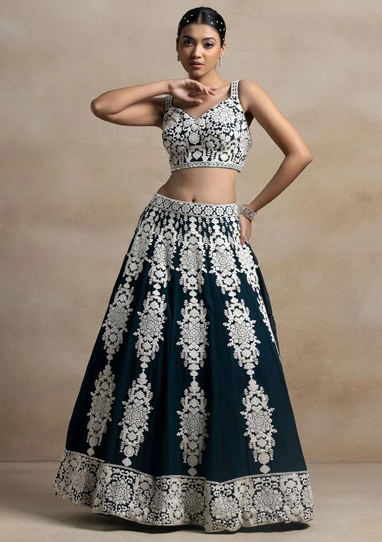 Green Thread Embroidery Georgette Lehenga Choli Set - Indya