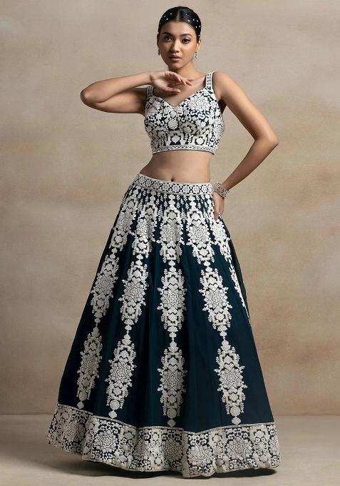 Green Thread Embroidery Georgette Lehenga Choli Set