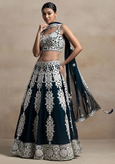 Green Thread Embroidery Georgette Lehenga Choli Set