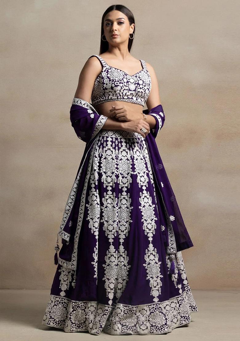 Purple Thread Embroidery Georgette Lehenga Choli Set - Indya