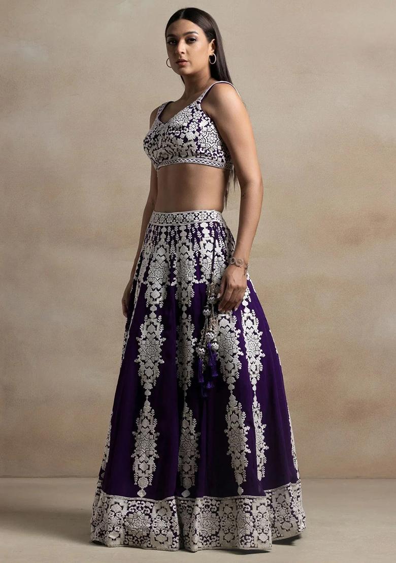 Purple Thread Embroidery Georgette Lehenga Choli Set