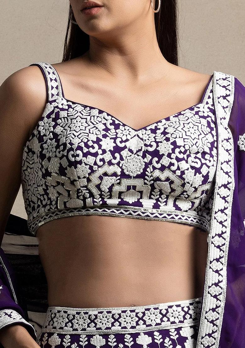 Purple Thread Embroidery Georgette Lehenga Choli Set - Indya