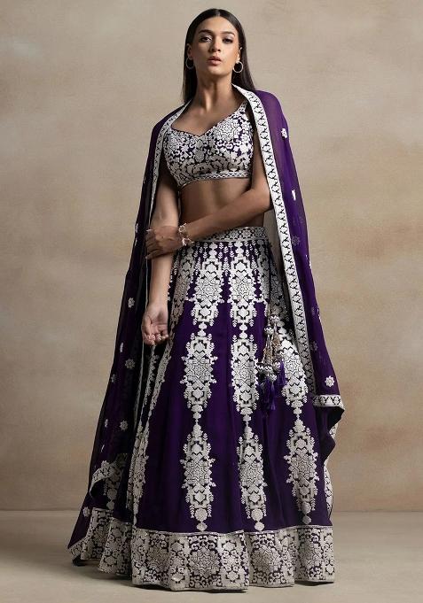 Purple Thread Embroidery Georgette Lehenga Choli Set
