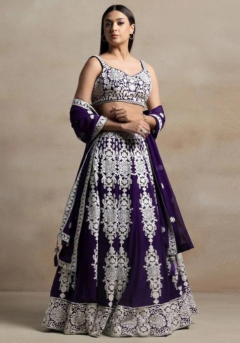 Purple Thread Embroidery Georgette Lehenga Choli Set