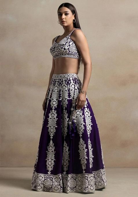 Purple Thread Embroidery Georgette Lehenga Choli Set